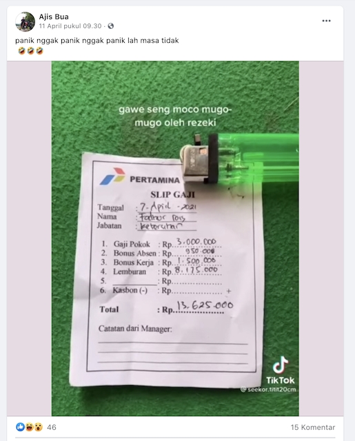 [Cek Fakta] Viral Slip Gaji Petugas Kebersihan Pertamina Rp13,6 Juta